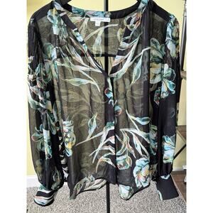 Chico’s Sheer Floral Blouse Women’s Size 3 (16) Black Print Long Sleeve Boho Top